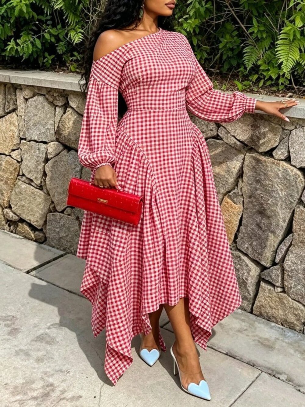 Multicolor Casual Women's Plus Size Plaid Asymmetrical Collar Dress - Picture 4 of 5